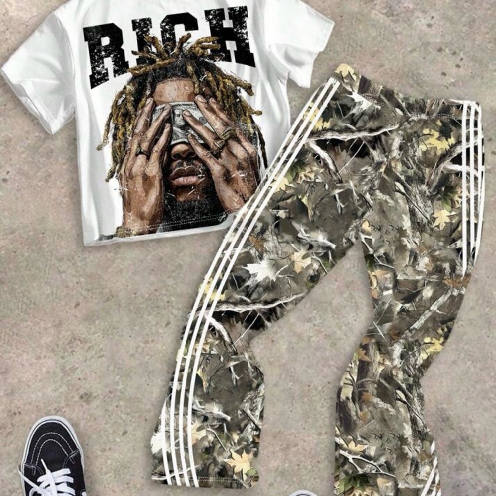 SHEIN Bolty 2pcs Tween Boy Polo Collar T-Shirt And Flared Pants Casual Outfit